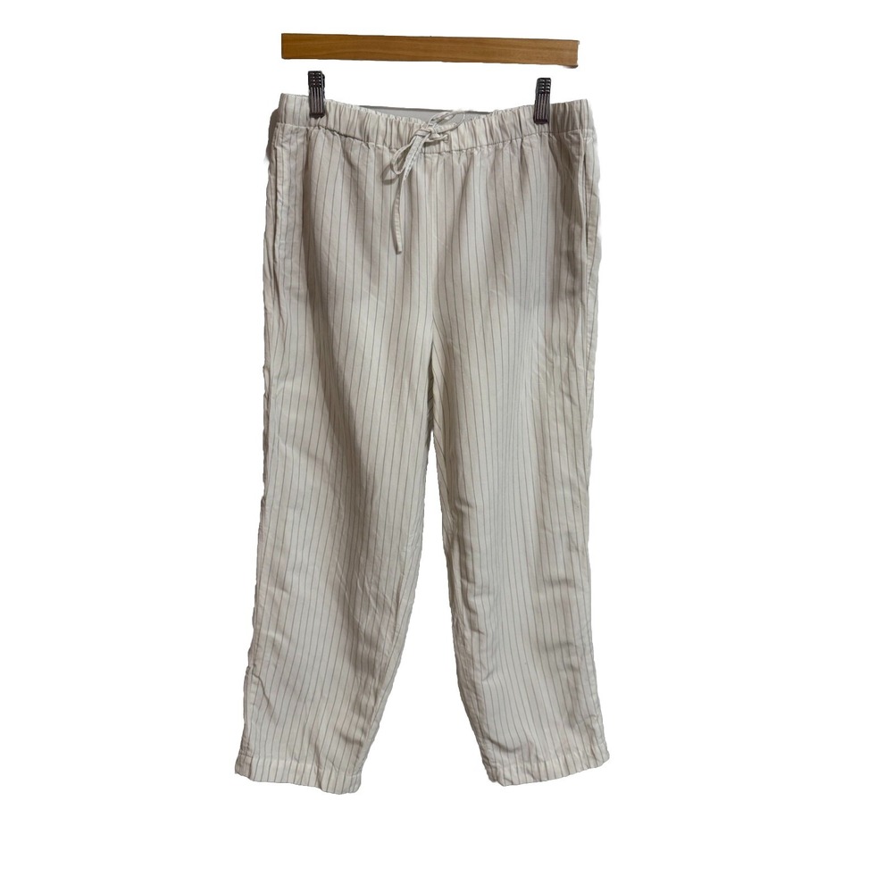 Babaton Large Linen Blend Pull On White Striped Pants Cropped Beach Coastal